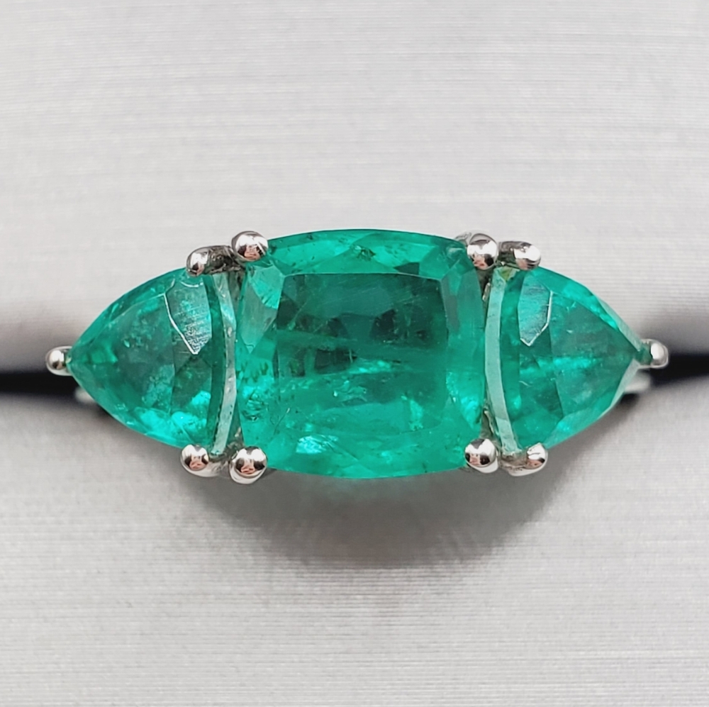 Emerald Three-Stone Silver Ring - Vibrant Green Emeralds